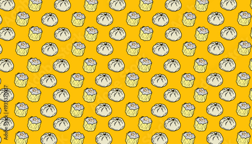 Bao and dimsum Seamless Pattern. Steamed Bun Repeating Motif. Hand Drawn Outline Illustration. Neutral And Yellow Background Variations. Asian Culinary Textile Packaging Design.