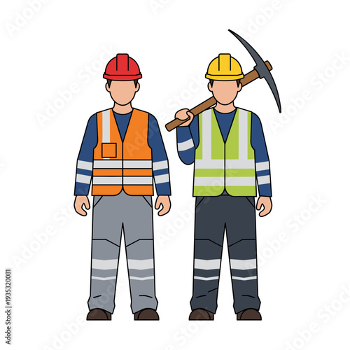Two construction workers in safety gear with tools  