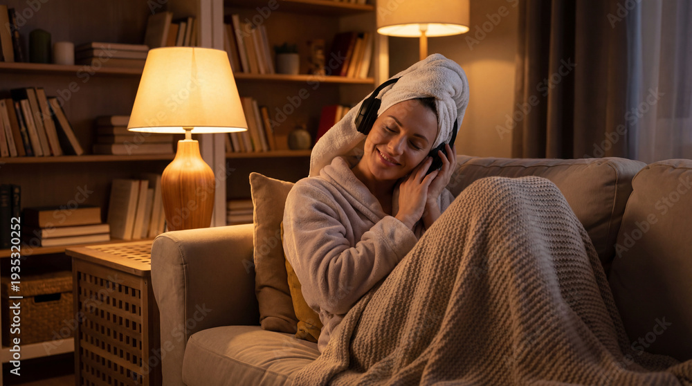 Obraz premium Woman Relaxing at Night on Couch with Headphones and Blanket