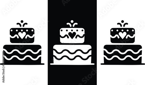 Minimalist black and white two tier wedding cake icon set with heart detail and wavy frosting lines for celebratory event branding and bakery logo design