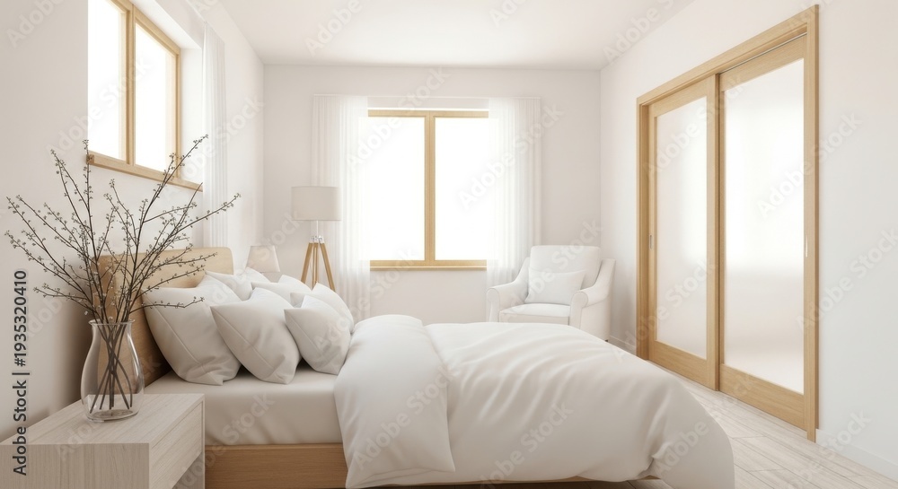 Fototapeta premium Serene bedroom oasis with white furniture and natural light