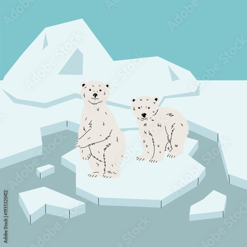 Two small white polar bears on ice floe in cold arctic ocean water. Flat illustration for global warming awareness banners, climate change posters, arctic nature graphics or winter season decoration.