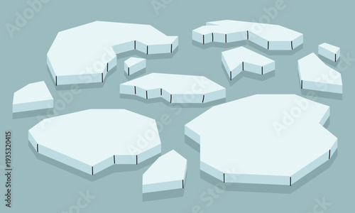 Set of white ice floes floating in cold blue ocean water. Ice floes with shadows on blue. Flat illustration for arctic nature posters, global warming awareness banners, climate change graphics