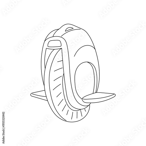 Electric unicycle doodle wheel isolated on white background. Flat contour illustration for eco urban transport posters, personal vehicle banners, city movement graphics or modern technology icons