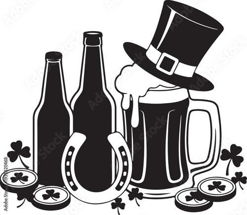Festive St Patricks Day collection featuring beer, bottles, leprechaun hat, lucky horseshoe, clovers, and coins