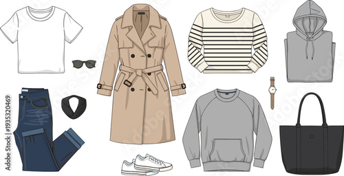 Casual clothing and accessories illustration featuring t-shirt, trench coat, striped shirt, hoodie, jeans, sneakers, tote bag, sunglasses, headband, wristwatch, and sweatshirt