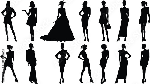 Silhouettes of diverse women in stylish dresses, gowns, and business outfits showcasing fashion poses, elegance, and modern vector illustration