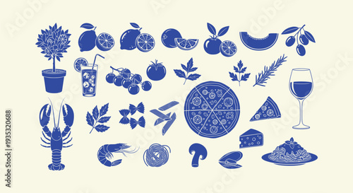 Blue Monochrome Italian Food Ingredients Vector Collection Fresh Mediterranean Culinary Graphics