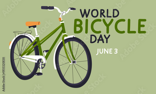 World Bicycle Day horizontal banner with green bike and lettering isolated on background. Flat illustration for eco transport posters, cycling holiday banners or healthy lifestyle graphics
