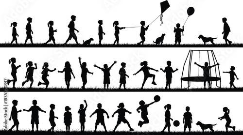 Silhouettes of children playing outdoors with dogs, kites, balloons, balls, and trampolines showcasing joyful recreation and vector illustration art
