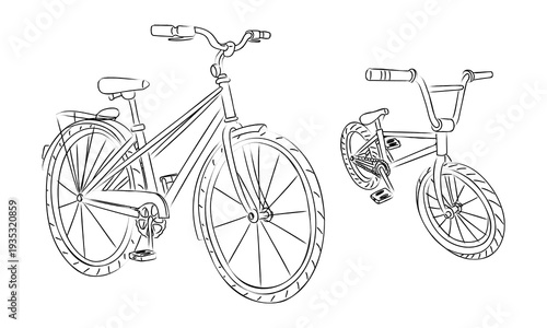 Set of two different bicycles grunge isolated on white background. Flat contour illustration for eco transport posters, cycling holiday banners, healthy lifestyle graphics or sport shop icons