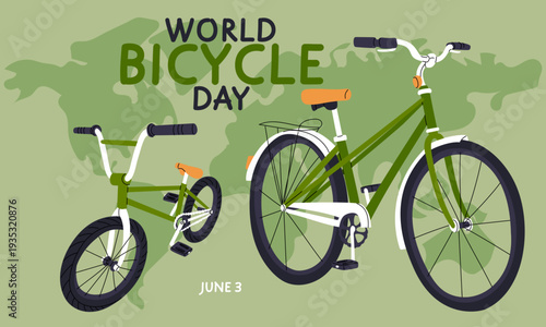 World Bicycle Day horizontal banner with two green bikes and world map background. Flat illustration for eco transport posters, cycling holiday banners, healthy lifestyle graphics or city icons