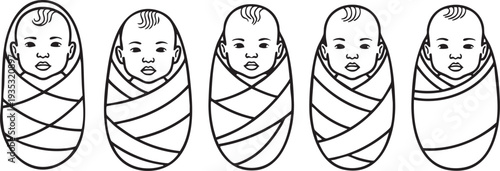 Five swaddled babies depicted in black and white newborns wrapped swaddling infants