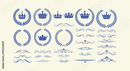 Vintage Classic Royal Crowns Laurel Wreaths Ornate Flourishes Decorative Vector Elements Set