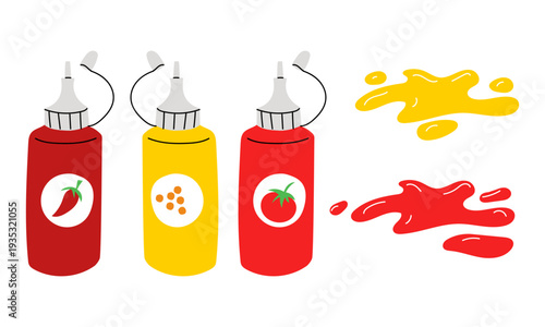 Set of sauce bottles with ketchup and mustard splashes isolated on white background. Flat illustration for fast food menu design, bbq party posters, condiment shop banners or kitchen icons
