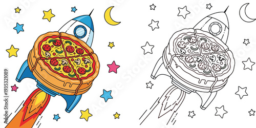 Whimsical Pizza Rocket Flying Through Space with Stars and Moon - Food Fantasy Vector