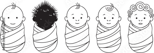 Five swaddled babies with different hairstyles and facial expressions newborns swaddling