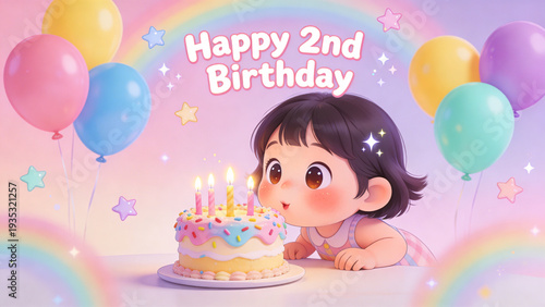 Cute girl blowing out candles on birthday cake with colorful balloons  