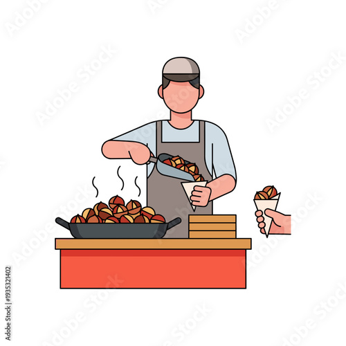 Street vendor serving hot food from grill with customer in background  