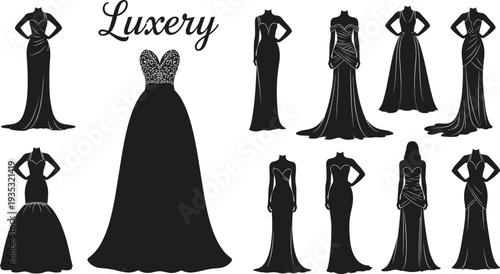Elegant evening gown silhouette vector set featuring luxury fashion dresses in black design, perfect for boutique branding, catalog illustration, or fashion design projects