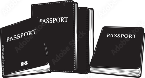 Four black passports with white text on covers displayed
