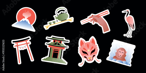 Japan travel clip art stickers set with Mount Fuji, tea teapot and teacup, chopsticks hand, crane, torii gate, temple, kitsune mask and snow monkey. Flat vector illustration