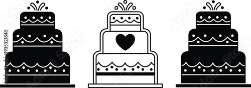 Set of three tiered wedding cake icons with heart detail and decorative frosting swirls in black and white minimalist flat vector style for celebrations
