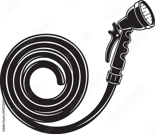 Coiled black garden hose with spray nozzle isolated white
