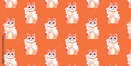 Seamless pattern with maneki-neko cat, japan and japanese culture, red gradient background, clip art illustration for poster, banner, web banner, social media and print design.
