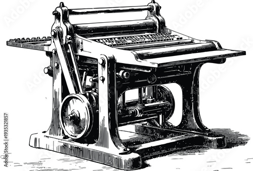 Vintage black and white engraving of a Victorian era mechanical printing press machine with rollers and flywheel for antique industrial letterpress publishing industry.
