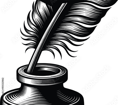Vintage black and white woodcut style illustration of a classic feather quill pen dipped in a glass inkwell for traditional literature and storytelling.