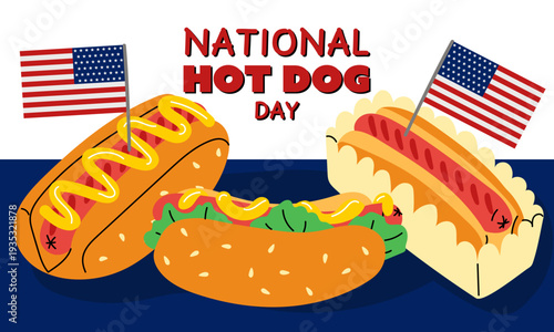 National Hot Dog Day horizontal banner with different snacks and American flags. Flat illustration for food holiday posters, BBQ party invitations, patriotic festival banners or cafe decoration