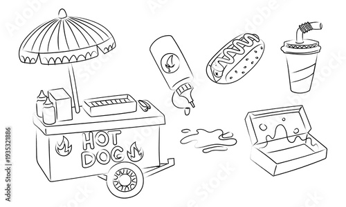Set of street food elements grunge with hot dog cart, soda cup, sauce bottle and snack. Flat contour illustration for fast food business posters, kiosk icons, menu decoration or cafe banners