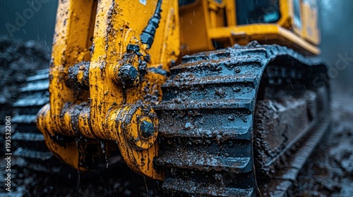 Closeup view of construction excavator track with mud