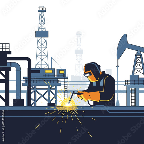 Welder working on oil rig with sparks flying in industrial setting  