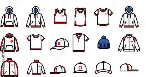 Stylized clothing and headwear vector icons set featuring hoodies, jackets, t-shirts, tank tops, and caps with red and blue accents, perfect for fashion design projects
