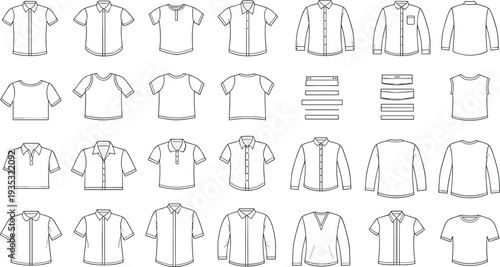 Shirt design illustration featuring t-shirts, polos, button-downs, long-sleeve and short-sleeve styles, collars, cuffs, and garment construction elements for fashion design reference