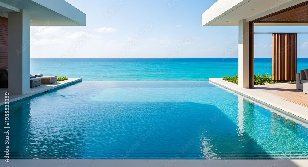 Fototapeta premium Stunning Infinity Pool at a Modern Beachfront Villa with Crystal Clear Blue Water and Ocean Backdrop