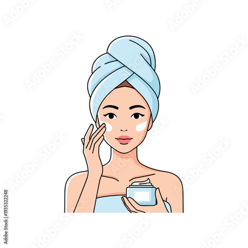 Young woman applying moisturizer while wrapped in a towel  