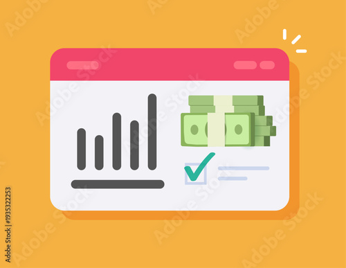 Money budget for business investment marketing plan strategy approved website online icon vector modern graphic illustration, internet advertising financial report on web site page image
