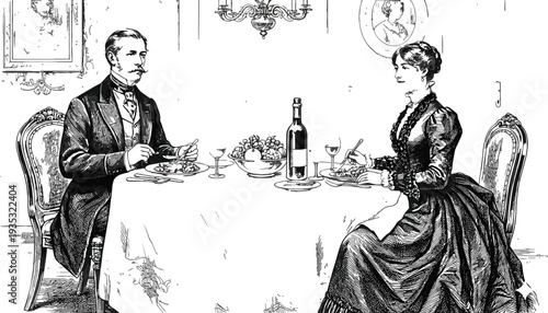 vVintage Victorian era illustration of an elegant 19th century man and woman sharing a formal romantic dinner with wine and fruit at a table