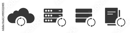 Server cloud data file synchronization technology icons set vector illustration, backup update refresh logo sign symbol minimal solid bold design, database hosting recovery pictogram image clip art
