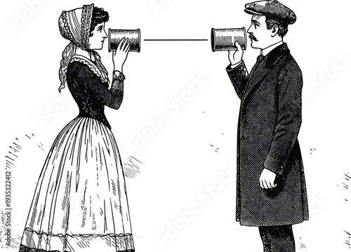 Vintage Victorian style illustration of a man and woman communicating through a tin can telephone representing old fashioned social networking and distance connection technology