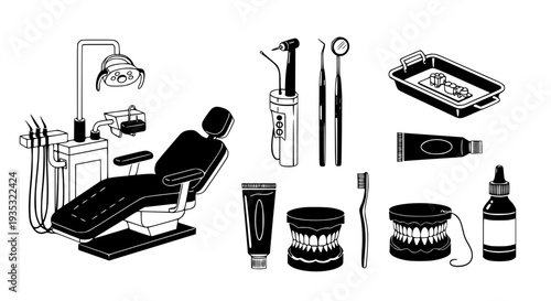 Professional Dental Equipment Silhouette Icons – Detailed Oral Hygiene Vector Collection