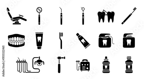 Dental Tools Silhouette Icon Set – Flat Vector Oral Hygiene and Equipment Collection