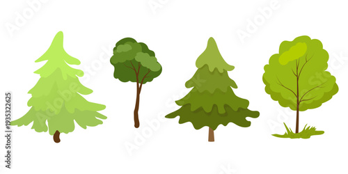 Green trees and fir trees, hand-drawn. Vector illustration. A simple drawing of a spring and summer forest, isolated on a white background. Not AI