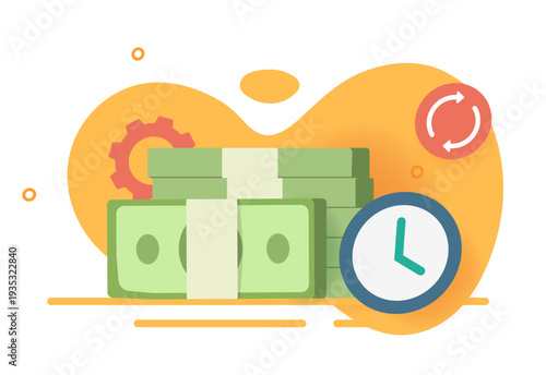 Money payment pending review process time icon vector modern graphic illustration, cash transaction with clock as financial validity renew process, currency automation waiting  
