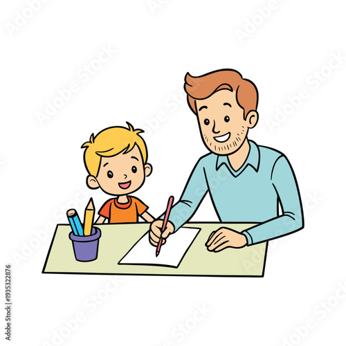 Father helping his son with school homework on special fathers day