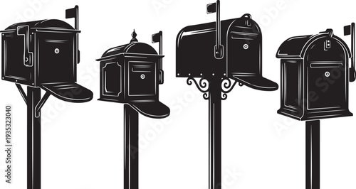 Four Different Mailboxes on Poles with Flags Raised High