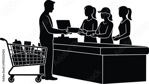 Black and white vector silhouette of customers at a supermarket checkout counter with shopping cart purchasing groceries and paying cashier in a retail store